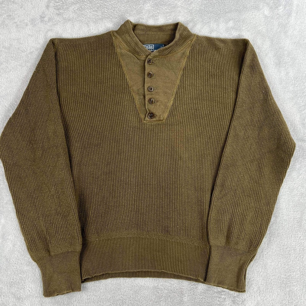 Vtg Polo Ralph Lauren Ribbed Henley Guide Sweater 2XL Olive Cashmere Military